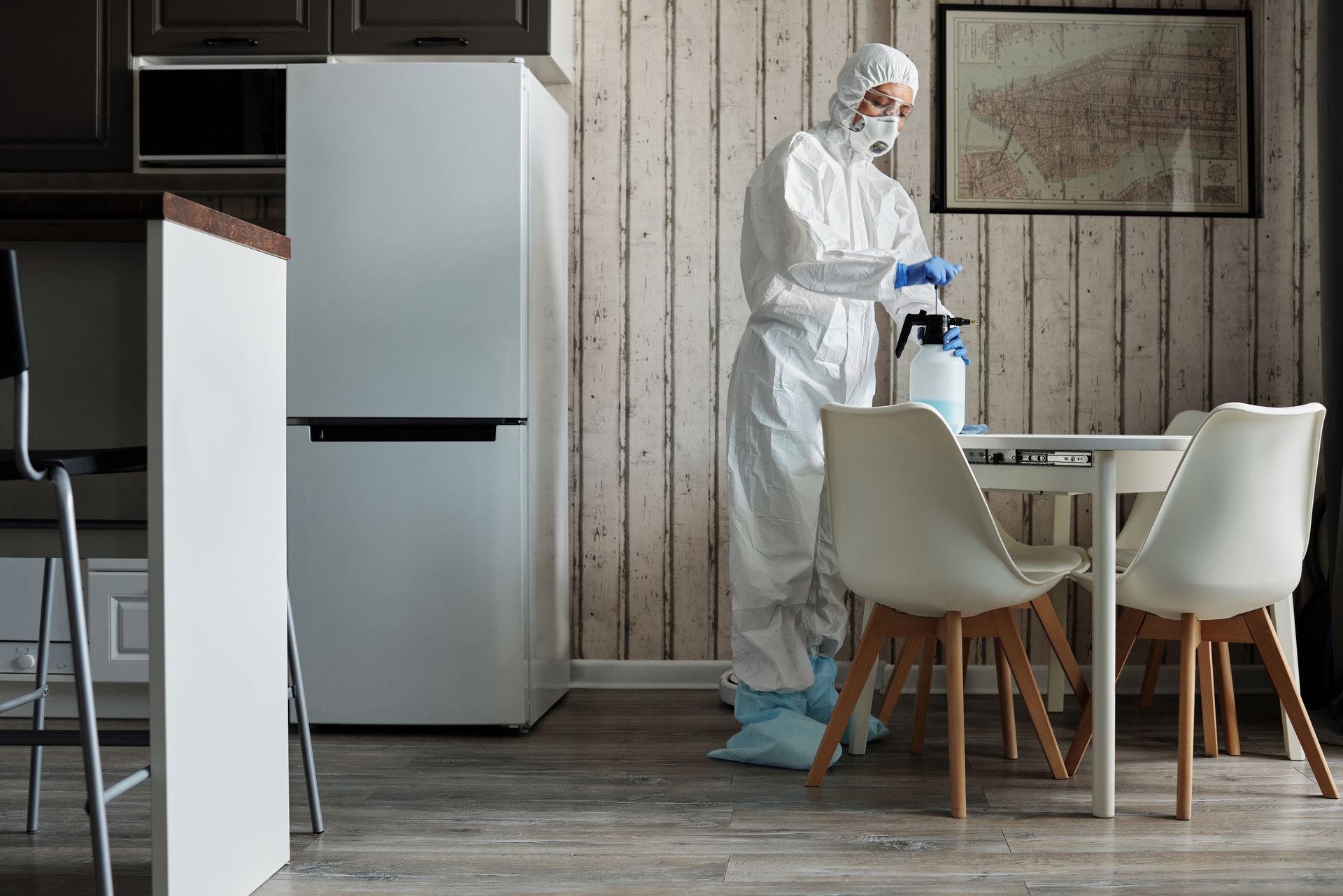 Pest control treatment inside a home kitchen